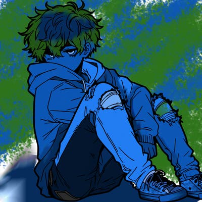 a male hoddie ripped jeans messy hair anime