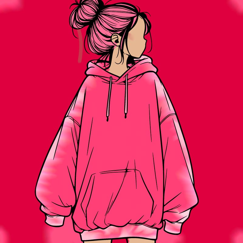 realistic girl with a oversized sweatshirt on and a bun