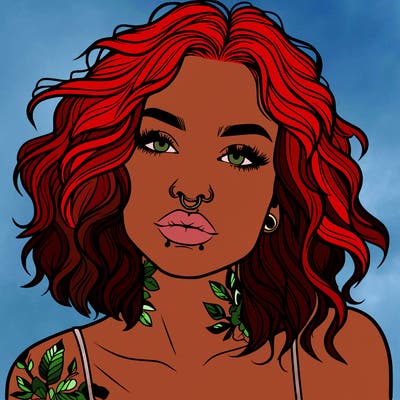 realistic woman with septum piercing and wavy hair and tattoos