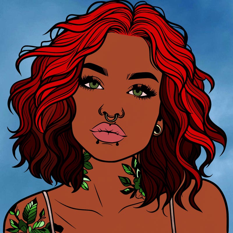 realistic woman with septum piercing and wavy hair and tattoos
