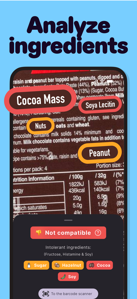 FODMAP & Allergy: InTolerApp - Escáner de ingredientes de InTolerApp que muestra un análisis de etiqueta de alimentos con una advertencia de no compatibilidad para alergias e intolerancias.