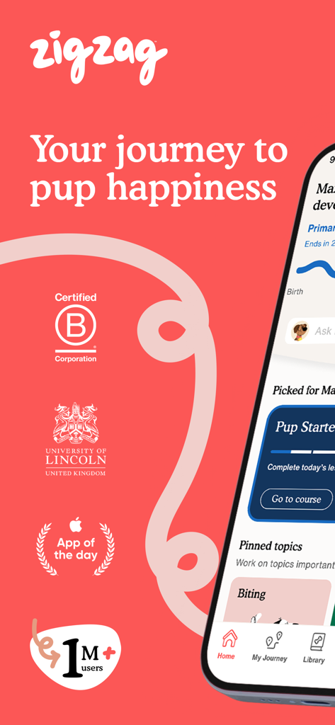 Zigzag - Dog & Puppy Training - Zigzag dog and puppy training app home screen showing the slogan Your journey to pup happiness and certifications