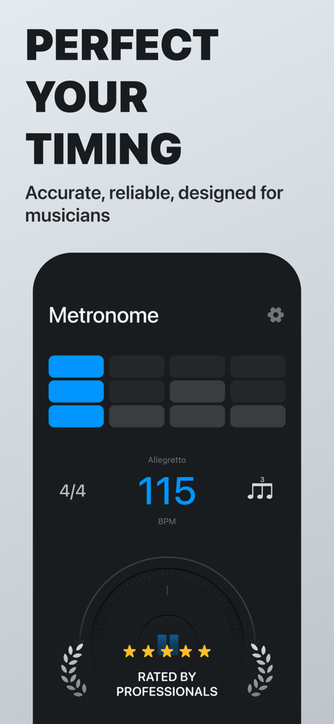 Metronome - BPM Counter - Metronome app interface showing 115 BPM with 4/4 time signature and rhythm settings