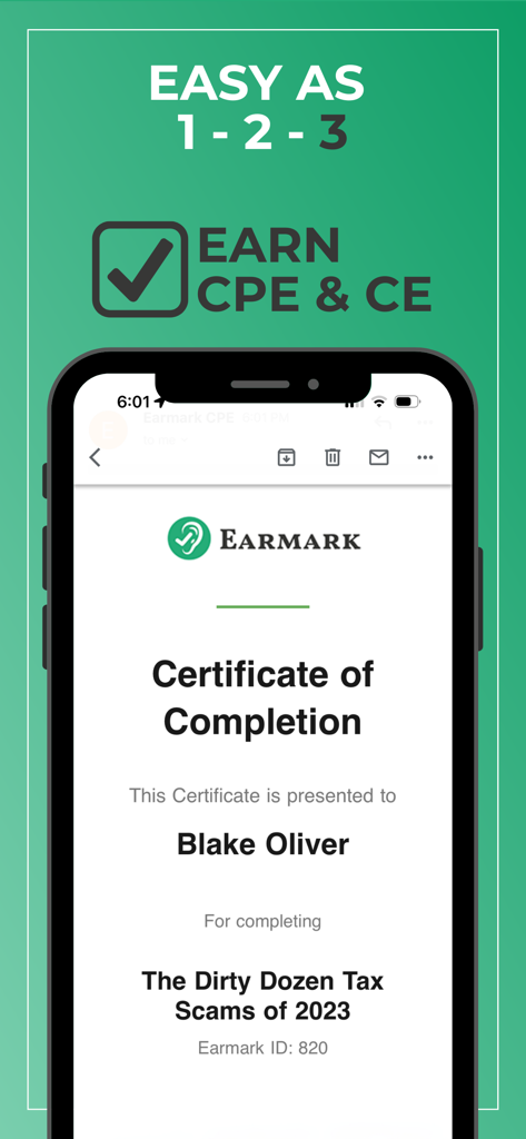 Earmark - A smartphone screen displaying an Earmark Certificate of Completion for a tax podcast course.