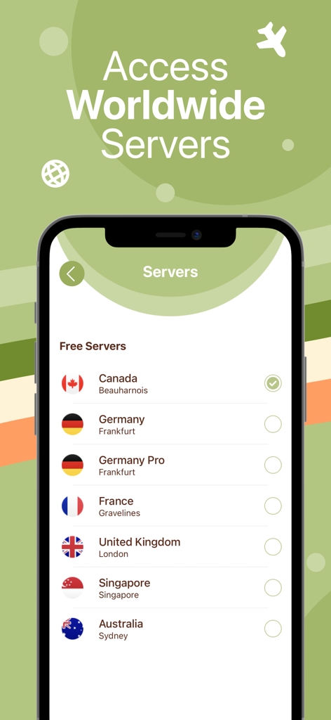 The SoftShield VPN app interface displaying a list of worldwide server locations including Canada Germany and France