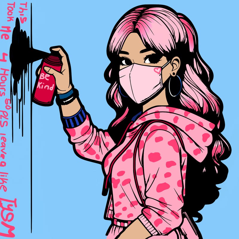 realistic girl with mask spray painting a wall