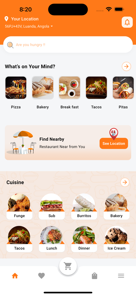 Koxito - Koxito app home screen showing food categories and local cuisine in Luanda