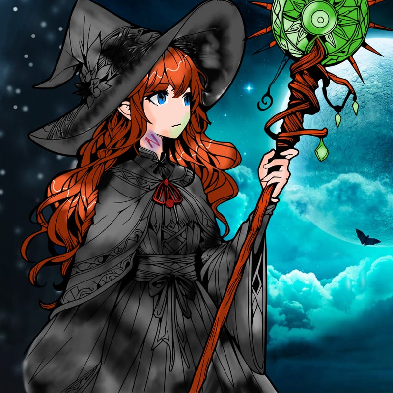 a realistic fantasy manga witch with a staff