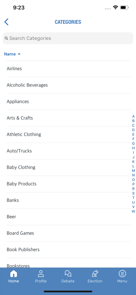 Uma lista de categorias da indústria no aplicativo Goods Unite Us, incluindo companhias aéreas, eletrodomésticos e produtos para bebês, para ajudar os usuários a pesquisar doações políticas de marcas