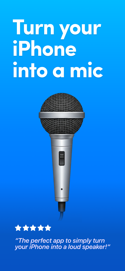 Bluetooth Microphone Live - App promotional screen showing a microphone and the text Turn your iPhone into a mic with a five star user rating