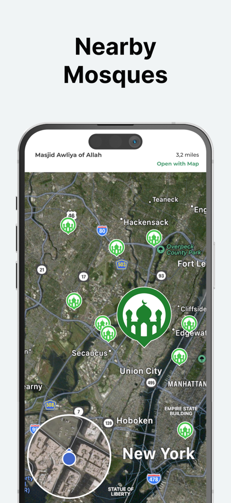 A smartphone showing a map of New York with green icons indicating the locations of nearby mosques.