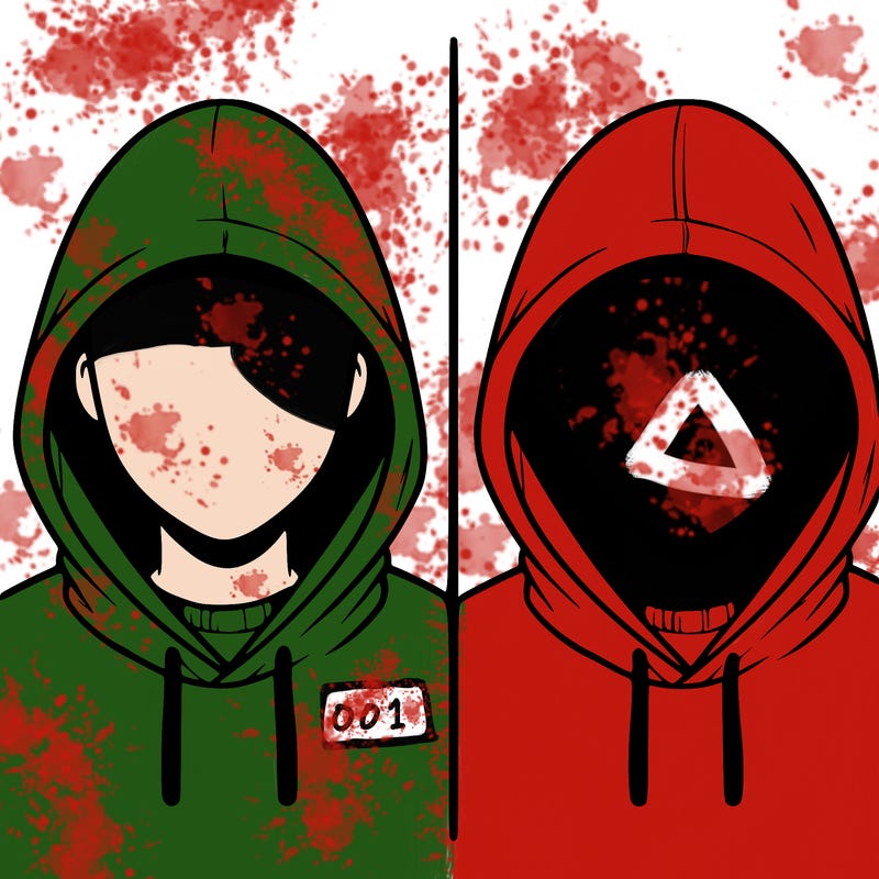 a person with a hoodie and no face, the drawing is split in 2