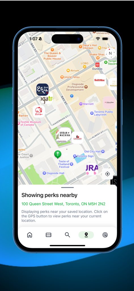 Venngo - Venngo app displaying a map of Toronto with local brand discounts and perks based on user location