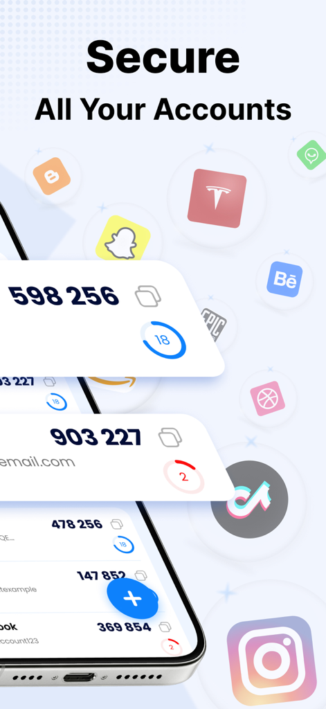 Oberfläche der Authenticator App zeigt 2FA-Sicherheitscodes für verschiedene Konten wie Instagram und Tesla