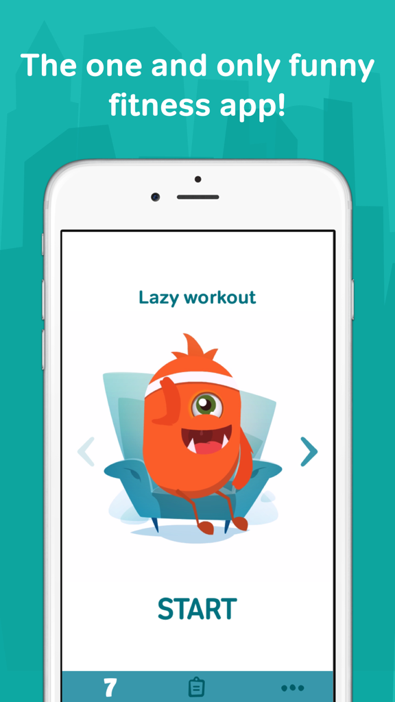 7 minute workouts with lazy monster PRO: daily fitness for kids and women - An orange monster character wearing a headband sitting on a chair on the app start screen.