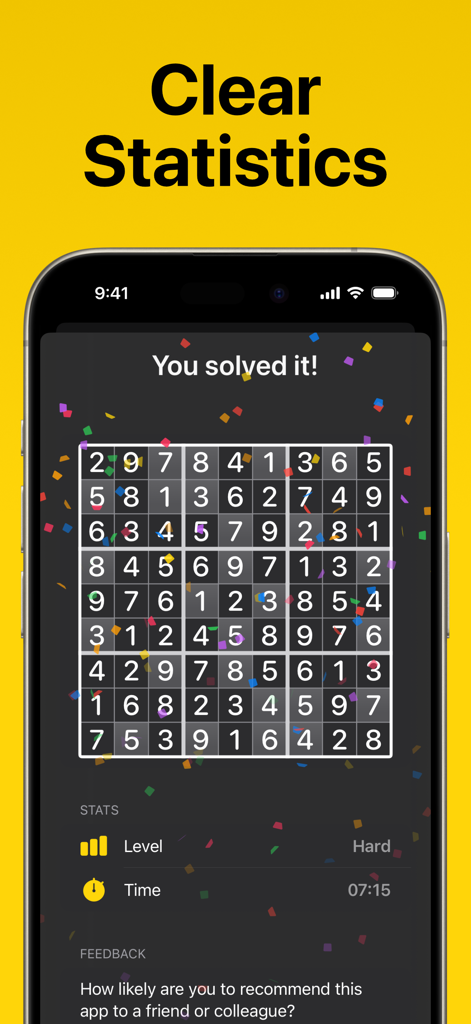 Sudoku Logic Puzzle BrainGames - A mobile screen showing a completed Sudoku puzzle with game statistics and confetti celebration.