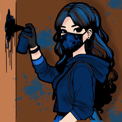 realistic girl with mask spray painting a wall