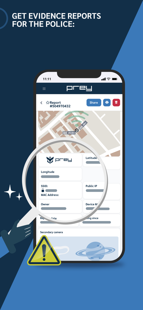 Prey Find My Phone & Security - A mobile screen displaying a Prey security evidence report with GPS coordinates and network data for police use.