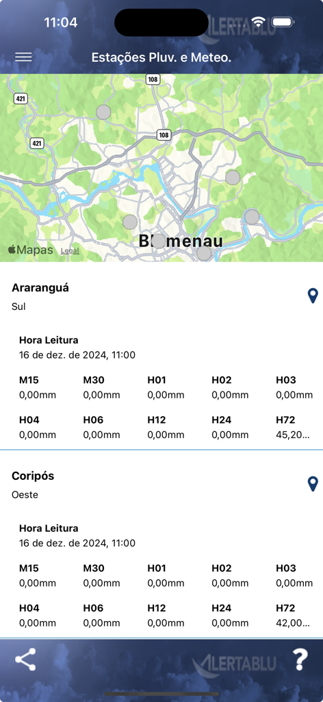 Interface do aplicativo ALERTABLU mostrando estações meteorológicas em um mapa com estatísticas de chuva para diferentes intervalos de tempo