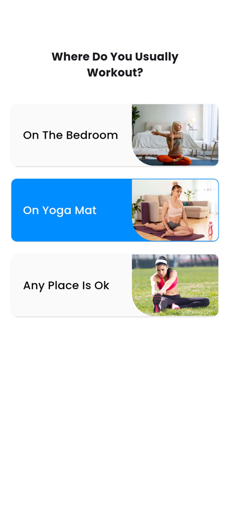 Home Workout: Tai Chi Exercise - Pantalla de interfaz de usuario solicitando preferencias de ubicación para el entrenamiento con opciones para esterilla de yoga en la habitación y ejercicio al aire libre