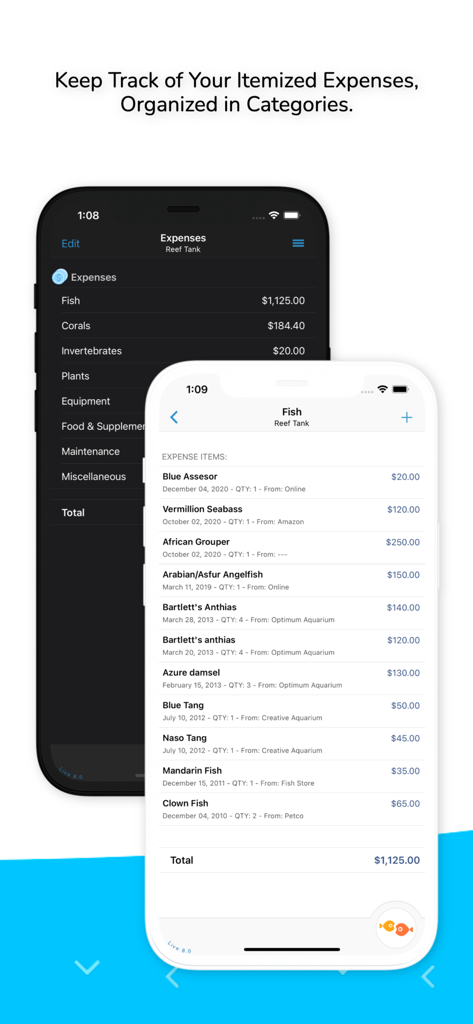 Aquarimate - Aquarimate mobile app showing itemized expense tracking for aquarium fish and corals