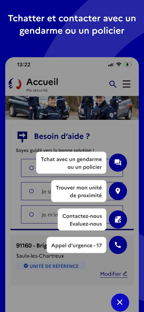Ma Sécurité - Home screen of the Ma Securite app showing police chat and emergency contact options