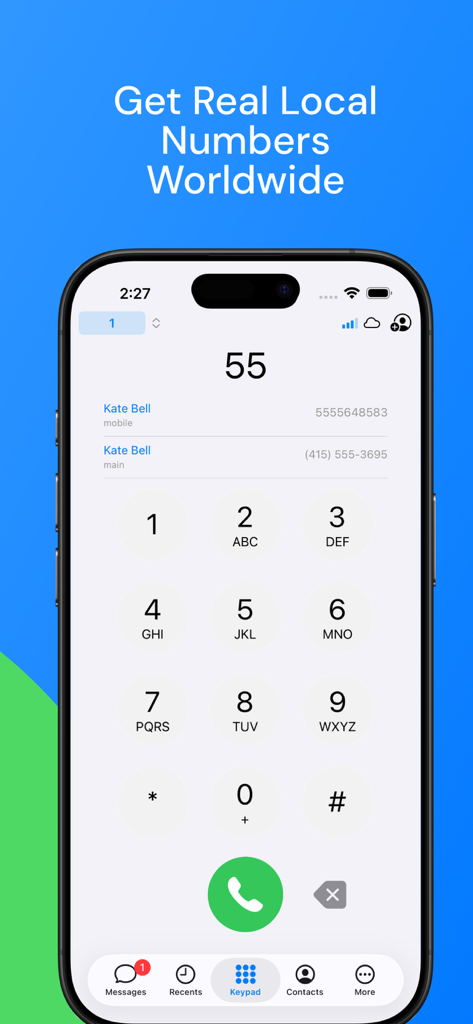 SIMPlus - SIMPlus app interface showing a phone keypad for making international calls