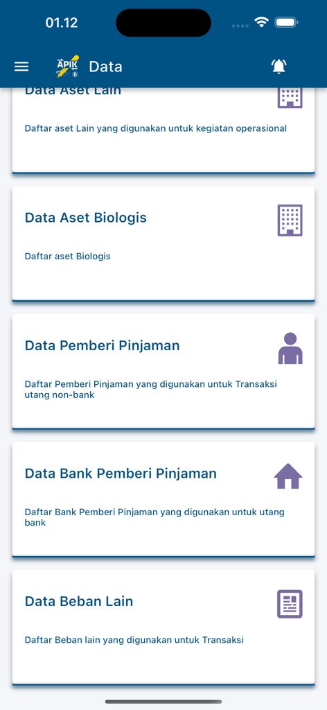 SIAPIK BI mobile app screen showing accounting data categories for biological assets lenders and expenses