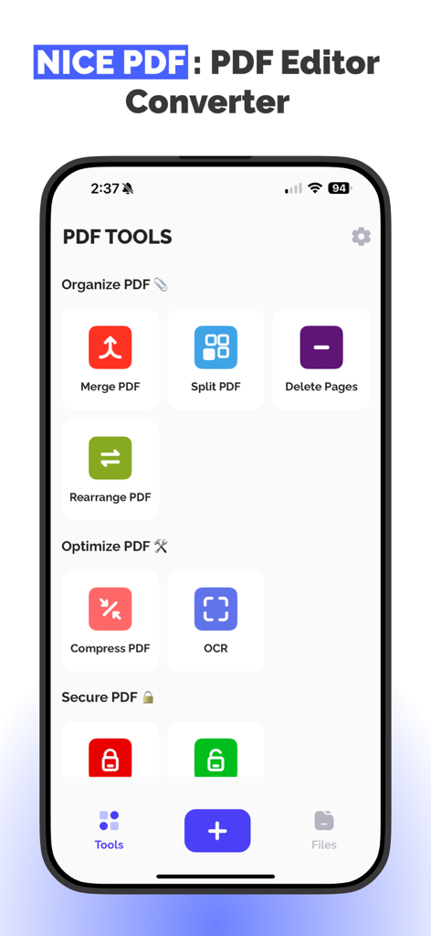 Interface of the PDF Editor Converter app showing various tools to merge split and compress PDF documents