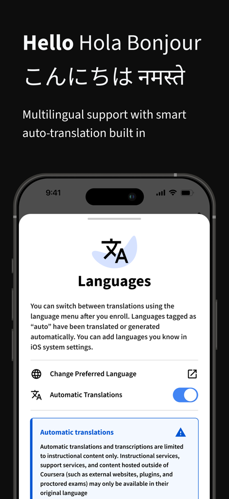 Coursera: Grow your career - Coursera App-Bildschirm mit Einstellungen für automatische Übersetzung und Sprachauswahl für Kurse