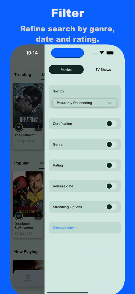 FlixHub app interface showing movie and TV show filter options including genre rating and release date