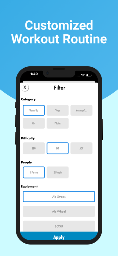 Home Abs & Core Workouts - A smartphone screen displaying workout filter options for category difficulty and equipment in the Home Abs and Core Workouts app.
