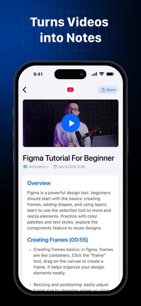 AI Note Taker-Voice to Notes ! - AI Note Taker mobile app interface transforming a YouTube tutorial into organized text notes.