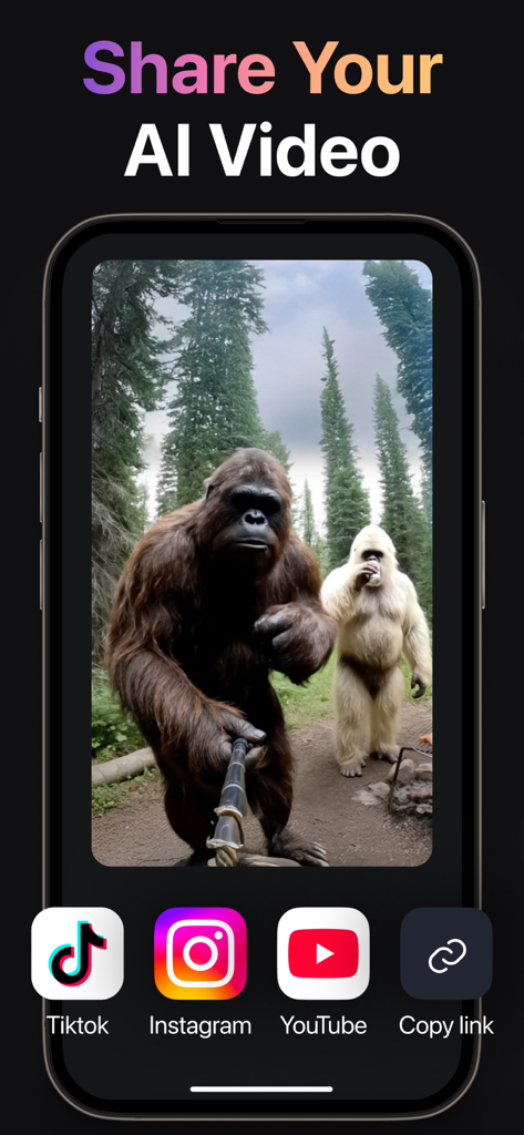 AI Video Generator + Creator - Smartphone screen showing an AI video of bigfoot creatures with social media share buttons for TikTok and Instagram