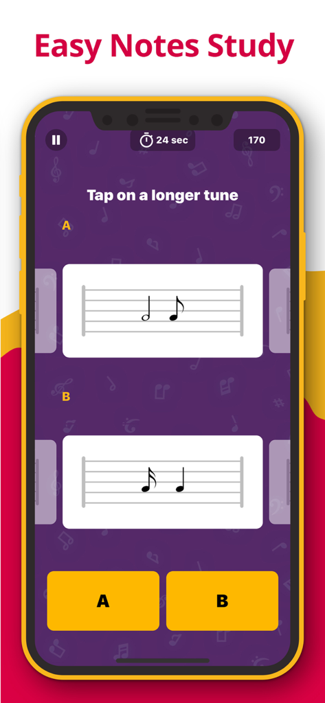 Juego educativo de notación musical en la aplicación Metrónomo que enseña ritmo y valores de notas