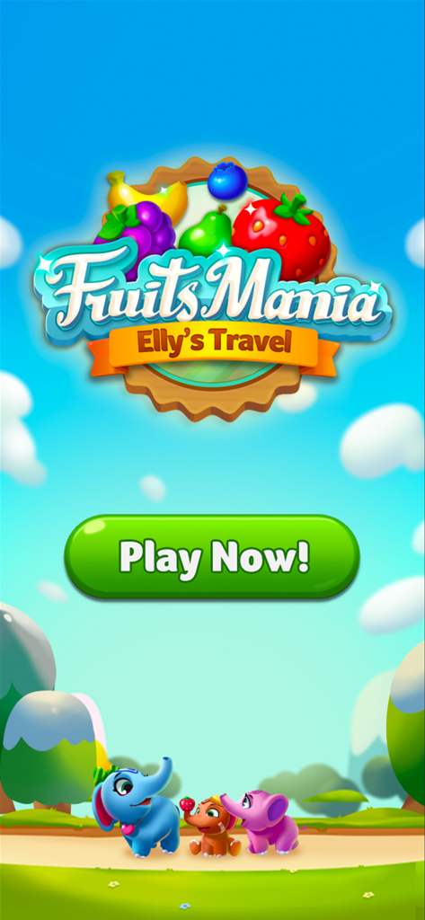 Fruits Mania : Elly’s travel - Fruits Mania Elly's Travel title screen featuring cute baby elephants and a vibrant fruit logo