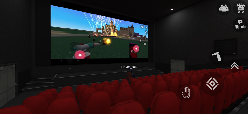 A virtual 3D cinema environment in Fireworks Simulator 3D showing a pyrotechnic display on the screen.