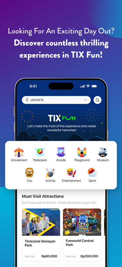 TIX ID - Interfaz de la aplicación TIX ID para reservar actividades de entretenimiento y atracciones locales
