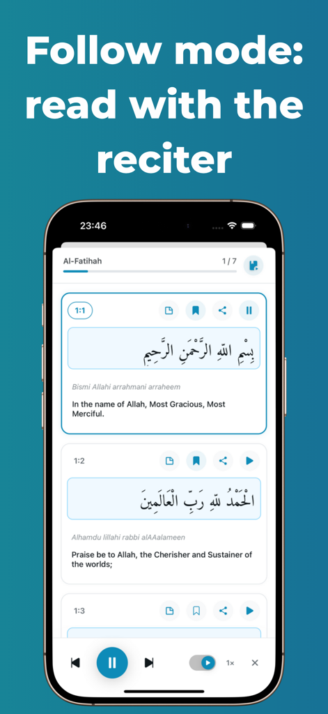 Holy Qur’an: Read - iPhone screenshot of the Holy Quran app showing the audio recitation follow mode with Arabic text and English translation.