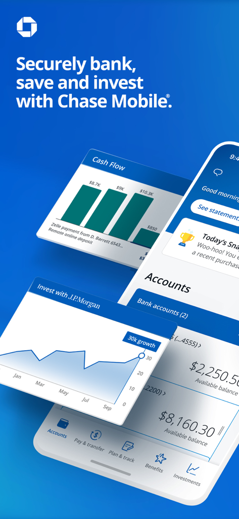 Chase Mobile app interface displaying bank account balances, cash flow charts, and J.P. Morgan investment tracking.