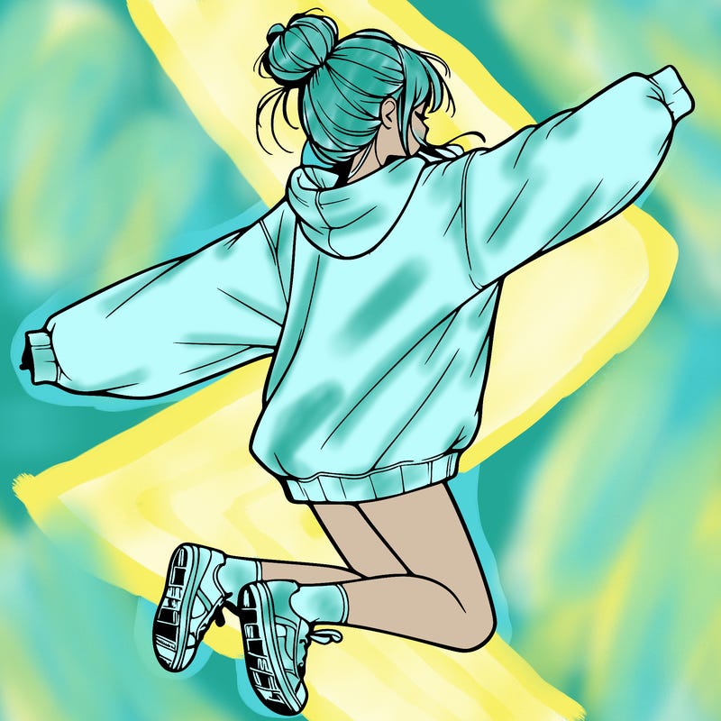 realistic girl jumping with a bun and oversized sweatshirt
