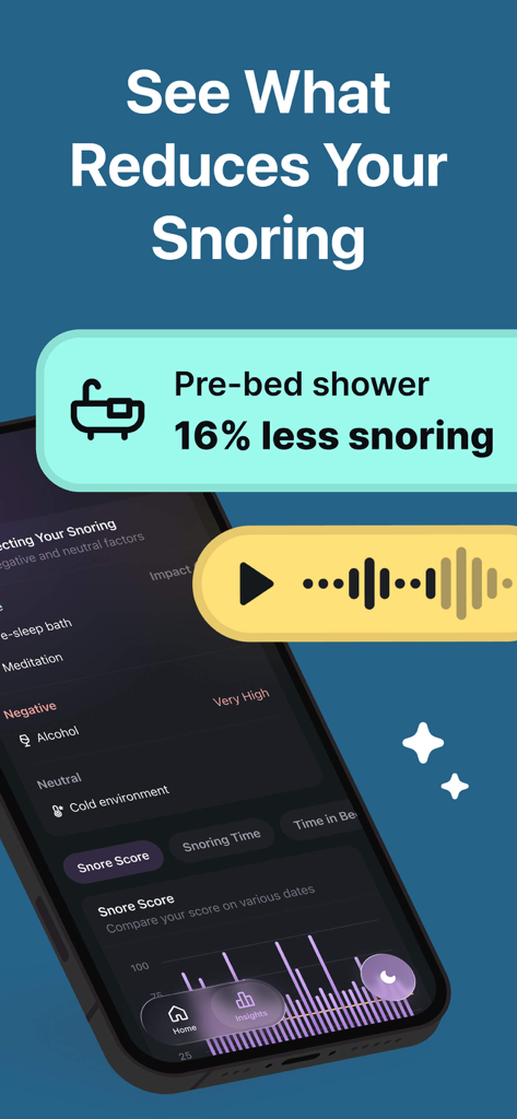 Snore Tracker - Record Snoring - A mobile screen showing the SnoreAI remedy tracker highlighting that a pre-bed shower reduces snoring by sixteen percent.