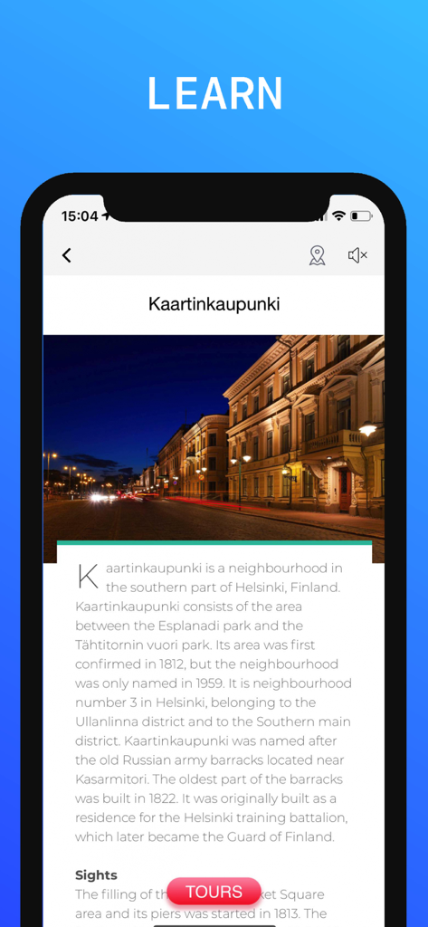 Helsinki Travel Guide app displaying historical facts and a night photo of the Kaartinkaupunki neighborhood.