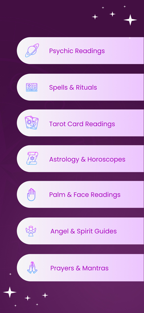 Zodiac Psychics: Tarot Reading - List of psychic and spiritual service categories in the Zodiac Psychics app including tarot and astrology
