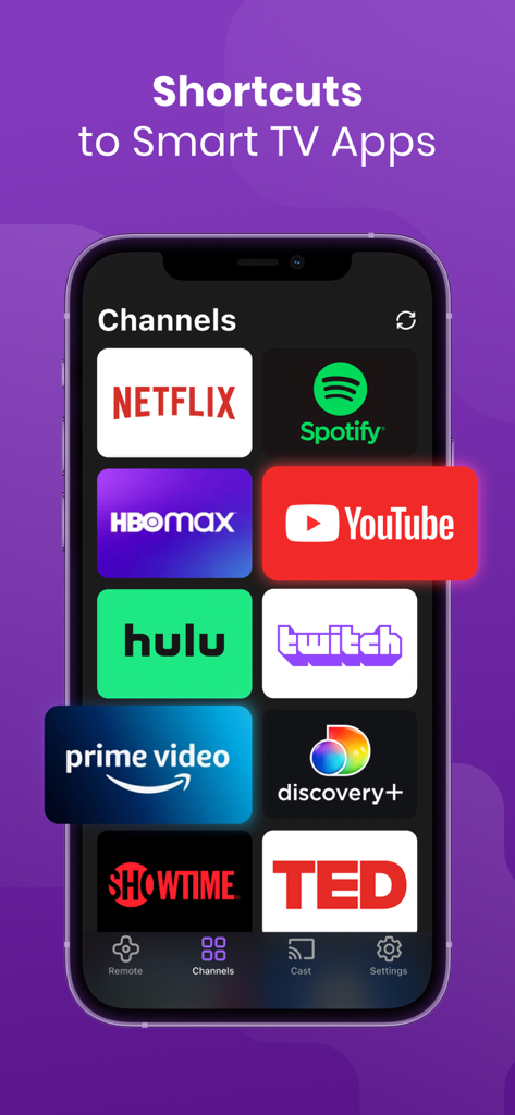 Interface do aplicativo Controle Universal mostrando uma coleção de atalhos para serviços de streaming populares como Netflix, YouTube e Hulu.