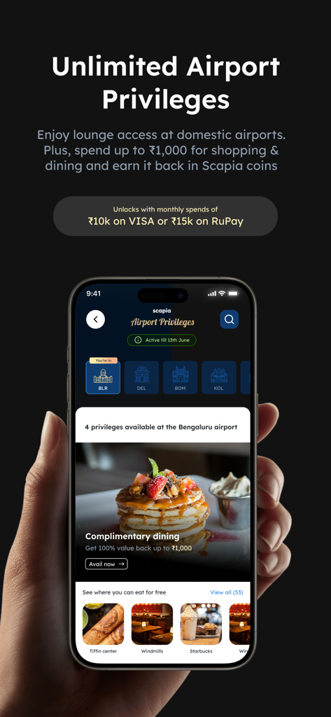 Scapia: A card for travellers - Scapia app interface showing unlimited airport lounge access and complimentary dining rewards