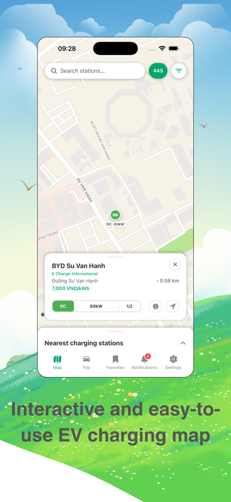 Việt EV - Viet EV app interface showing an interactive map with electric vehicle charging station locations and details