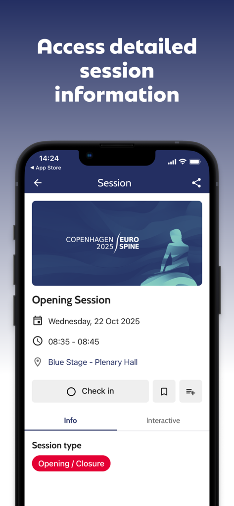 Una pantalla móvil que muestra información detallada de una sesión de conferencia específica en la aplicación EUROSPINE