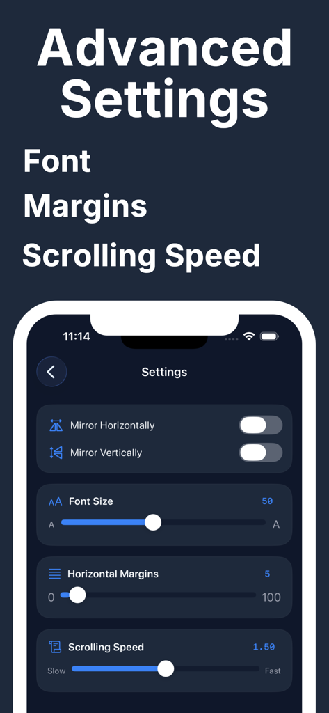 GoTeleprompter: Video Prompter - Advanced settings menu in the GoTeleprompter app showing controls for font size horizontal margins and scrolling speed