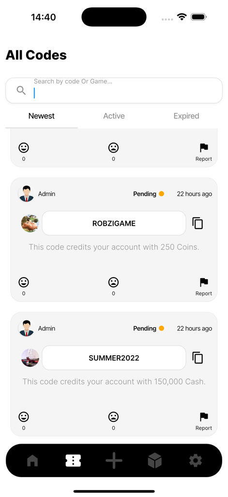 Mobile application interface displaying a list of the latest Roblox game codes